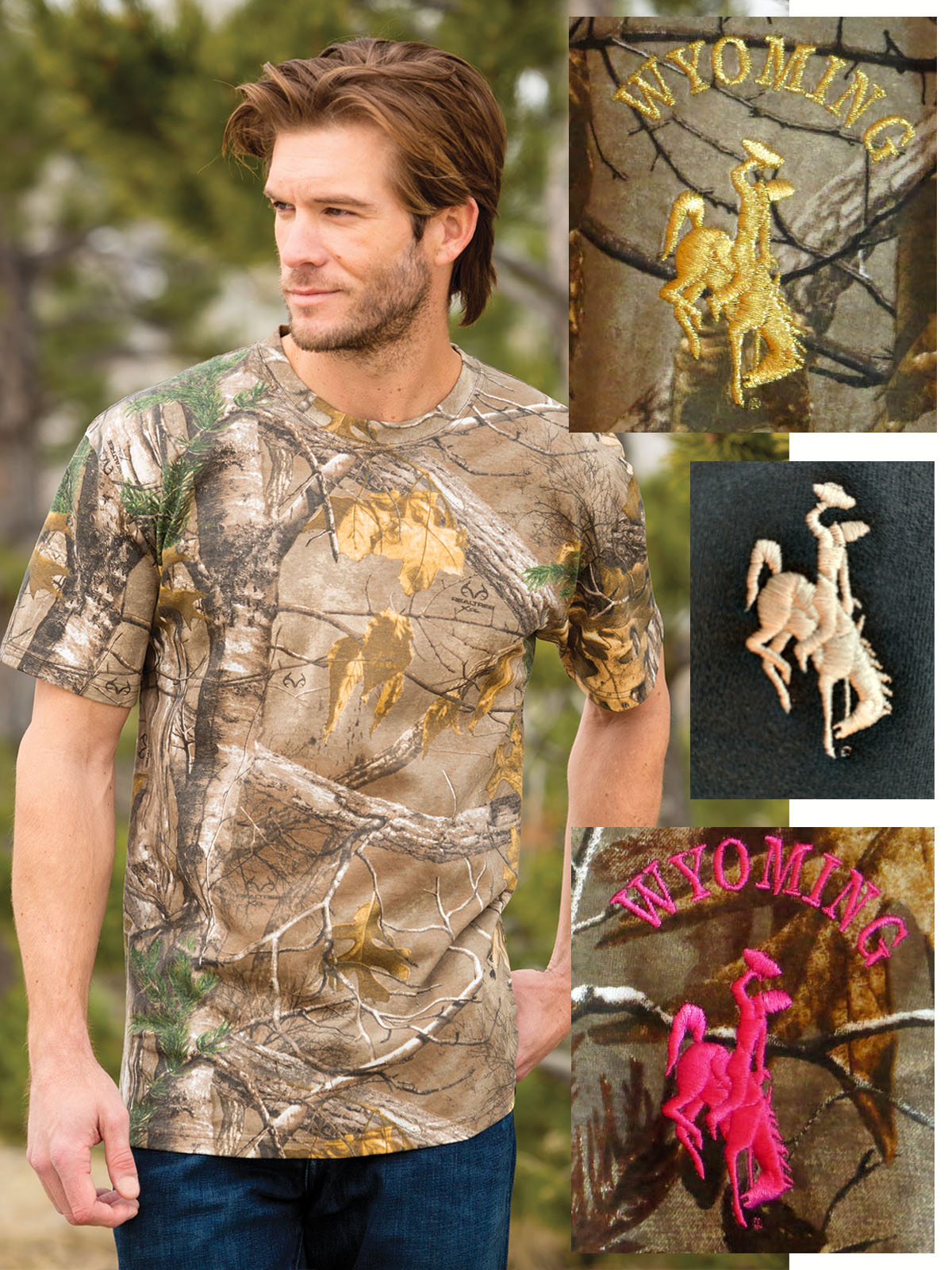 Embroidered Wyoming short sleeve cotton camo t-shirt